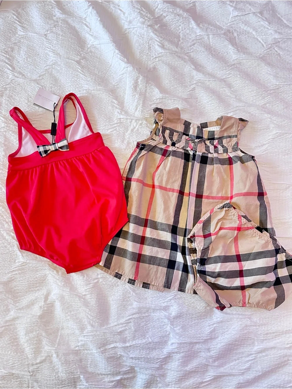 Burberry Hot Pink Swimsuit and Signature Beige Plaid Dress Set bundle
